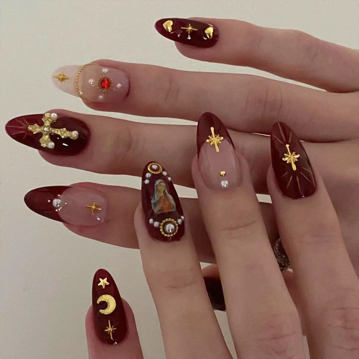 24 peças de unhas postiças de metal 3D com rosas, cobertura total, amêndoa, estilo punk gótico Spice Girls Y2K, pontas de unhas postiças