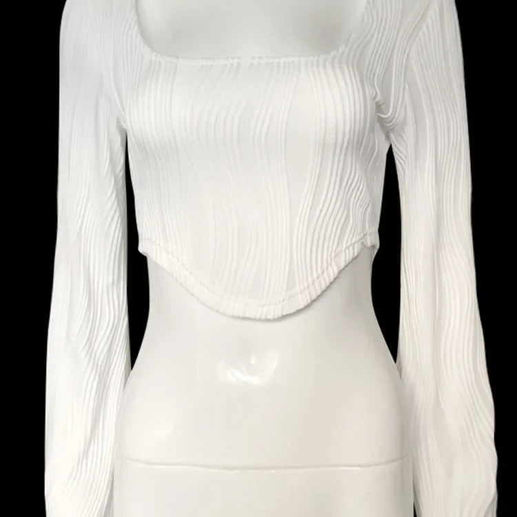 Long Sleeve Women Textured Crop Tops Fashion Scoop Neck Hanky Hem Solid Color Short Slim Fit T-Shirt Female Streetwear