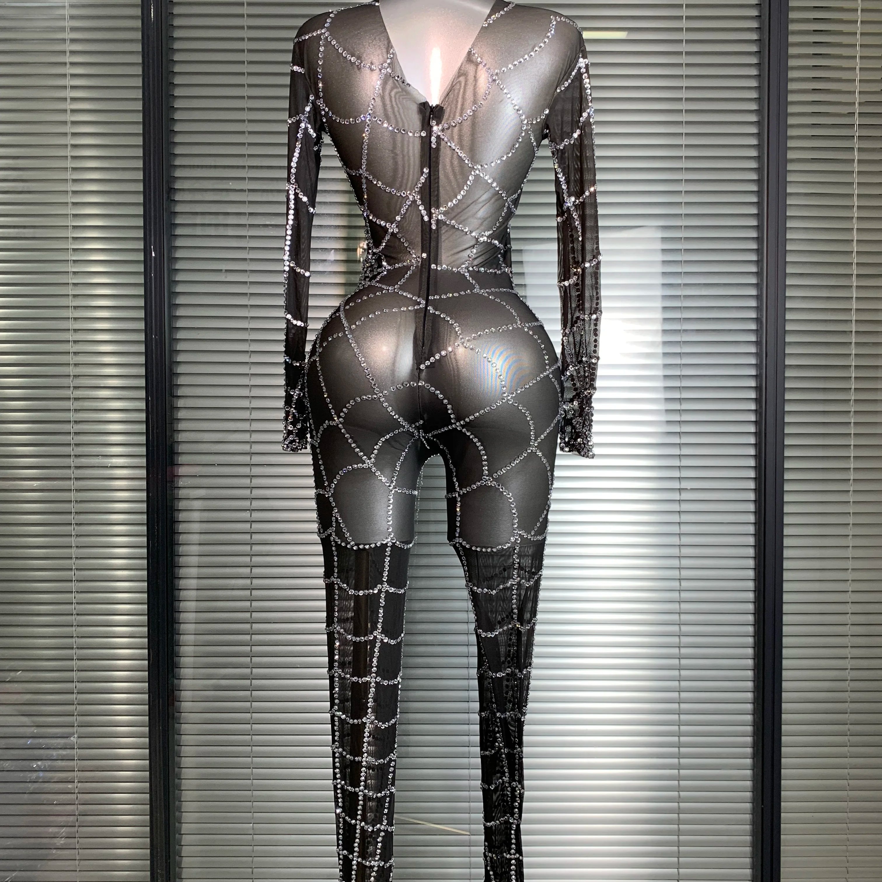 Summer New 2025 Women Sexy Crystal Sheer Black Long Sleeve Bodycon Jumpsuit Celebrity Designer Dancer Night Club Rompers