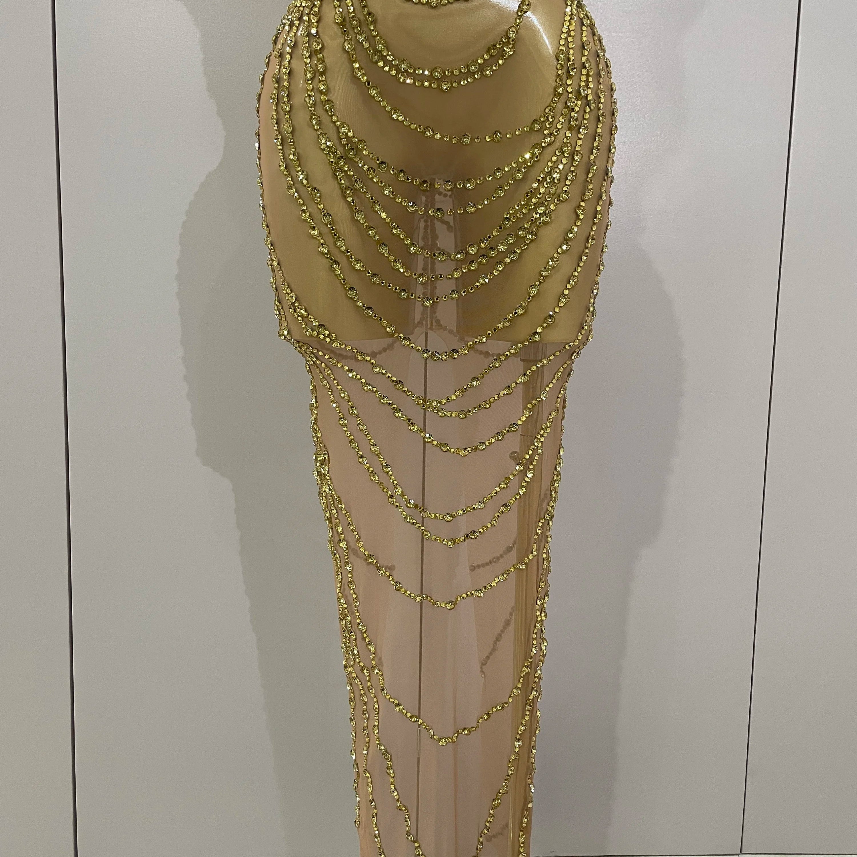 Luxury Sparkly Gold Rhinestone Sexy Transparent Mesh Long Dress 2025 Women Birthday Party Gown Stage Singer Performance Costume