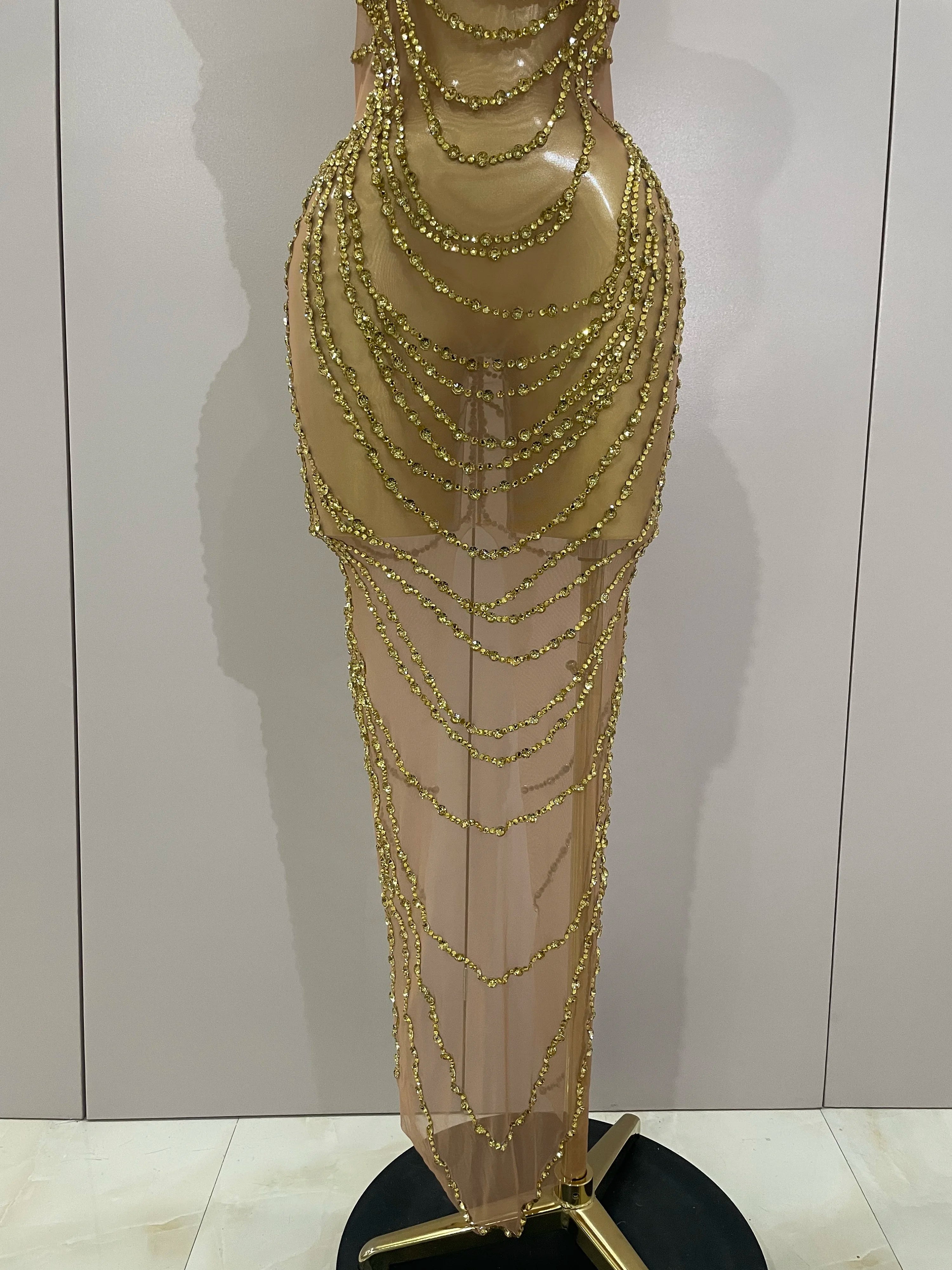 Luxury Sparkly Gold Rhinestone Sexy Transparent Mesh Long Dress 2025 Women Birthday Party Gown Stage Singer Performance Costume