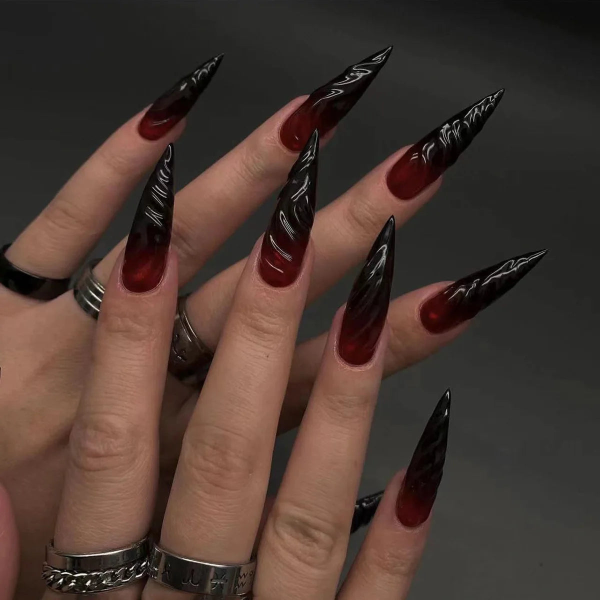 24Pcs short black halloween almond wearable fake nails with red rhinestone design simple nail art full cover nail tips for girls