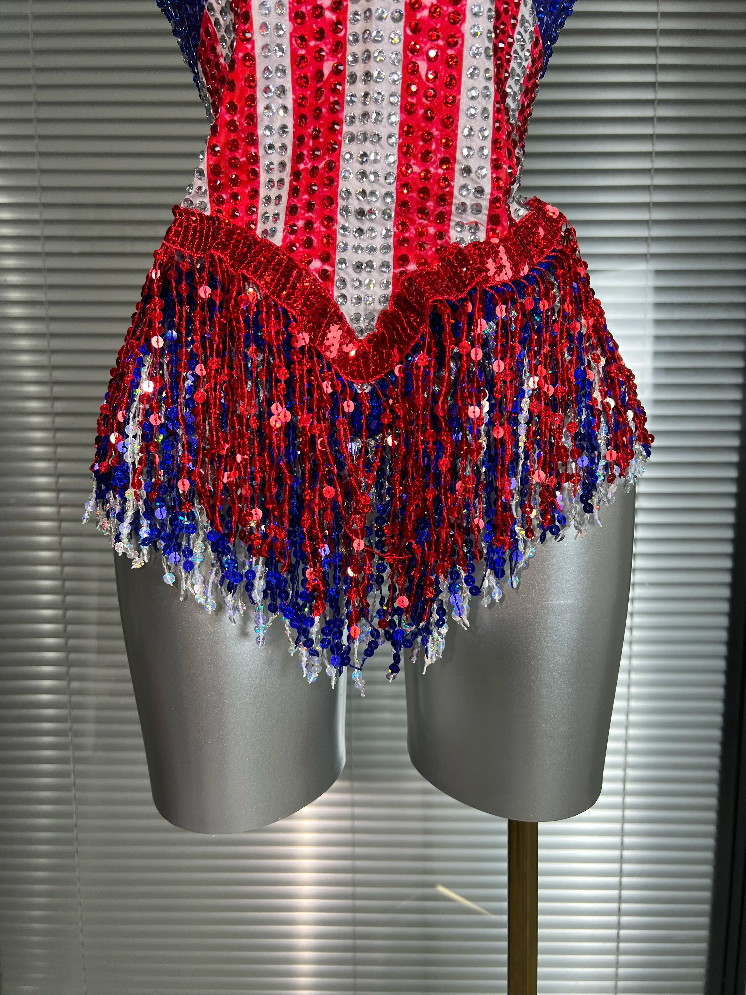 Women Sexy Tassel Crystal Stretched Night Club Circus Dancer USA Flag Stage Costume Party Bodysuit
