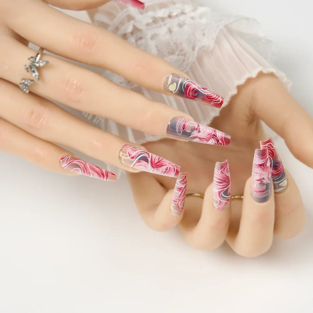 10Pcs/set Lucky Nine-tailed Fox Printed Chinese Style False Nails Long Press-on Acrylic Fakes Nails Adhesive Unique Design