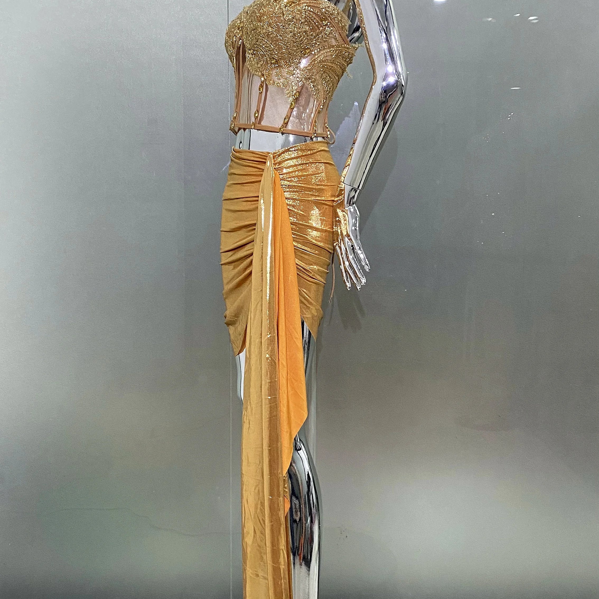 Golden Sparkling Diamonds Sexy See Through STrapless Top And Mini Skirt 2 Pieces Woman Set Party Vestido Performances Costume