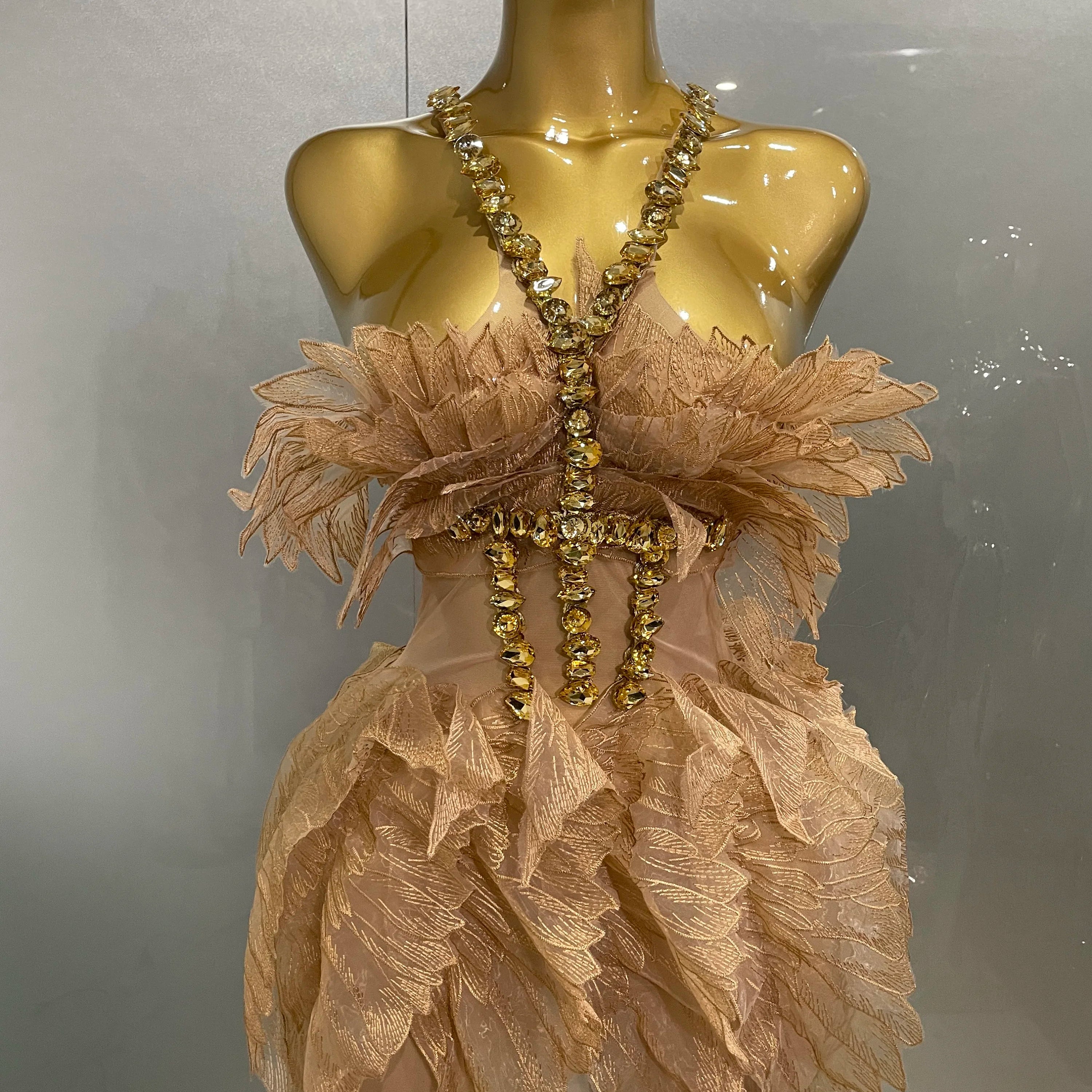 Sexy Shining Gold Crystal Transparent Wings Mini Dress 2025 Women Birthday Party Bar Nightclub Singer Stage Performance Costume