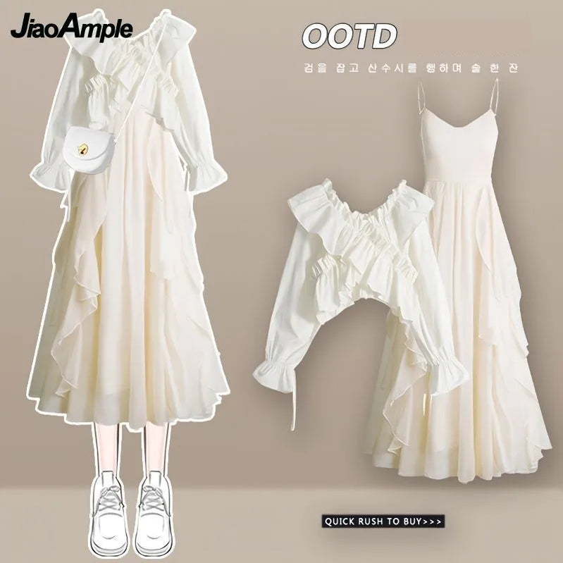 Women's Dress Set Spring Summer Fashion Bubble Sleeve Shirt+Suspended Skirt Two Piece Korean Elegant New Matching Set