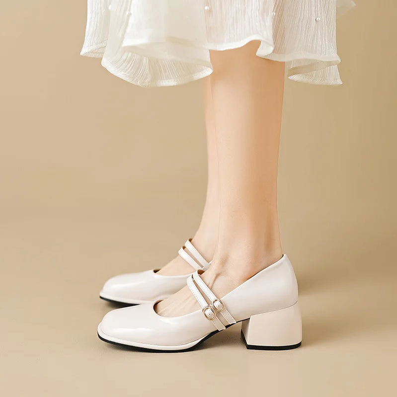 Sapatos femininos primavera 2023, salto alto feminino, Mary Janes casuais, bico quadrado branco, design para carreira e deslocamento, estilo coreano, 41-43