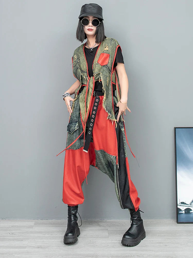 Spring Summer New Cool Distressed Denim Patchwork Irregular Vest + Hanging Crotch Pants Two-piece Set Women LX076