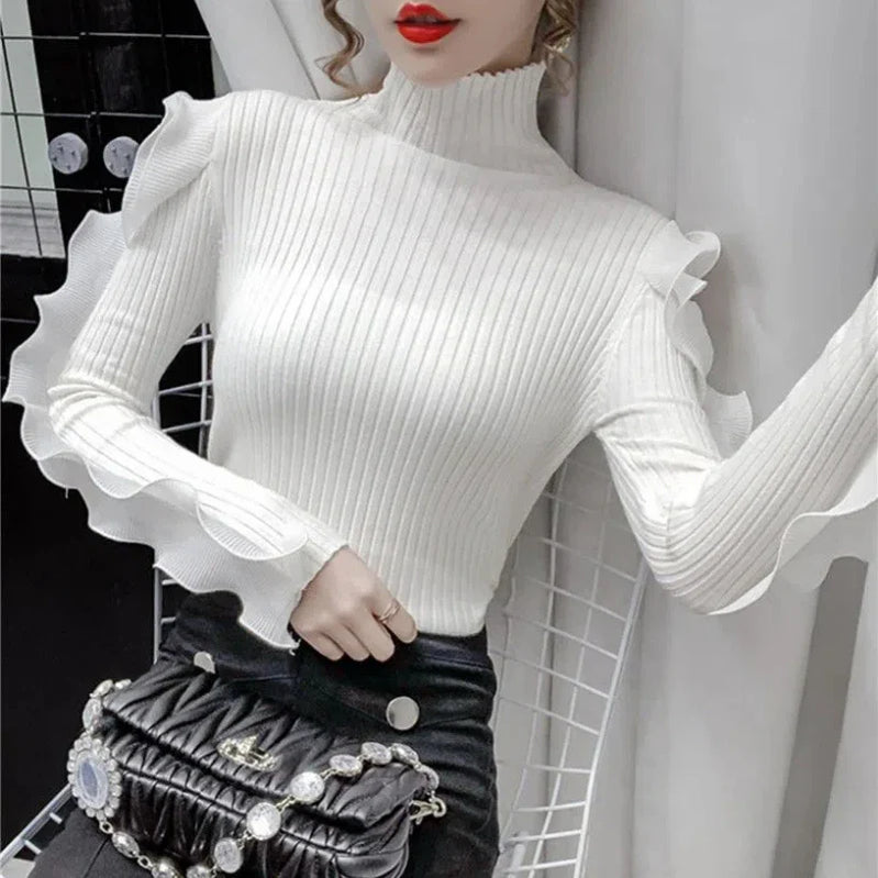 Turtleneck Knitted Ruffles Top For Autumn Winter New Off Shoulder Slim Long Sleeved Base Sweater Korean Fashion Woman Clothes White