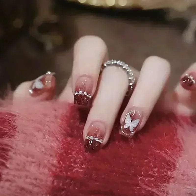 24 peças de unhas postiças de rosas vermelhas, flores longas, balé, design de unhas postiças francesas, cobertura total, pontas de unhas postiças vestíveis, arte
