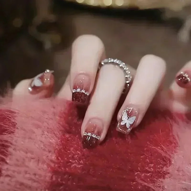 24 peças de unhas postiças de rosas vermelhas, flores longas, balé, design de unhas postiças francesas, cobertura total, pontas de unhas postiças vestíveis, arte
