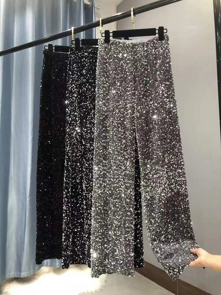Y2k Pants Woman Elastic Waist Sequins Wide Leg Trousers Shiny Full Length Straight Female High Street