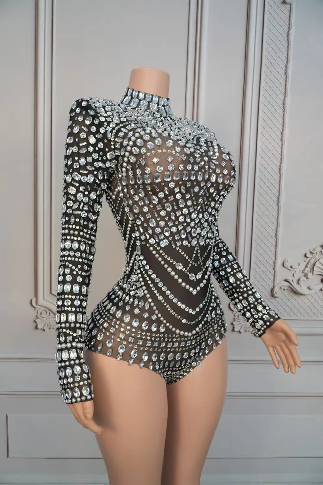 Sparkly Rhinestone Black See Through Mesh Bodysuit Women Sexy Dance Performance Wear Night Party Stage High-end Outfit Heimanba