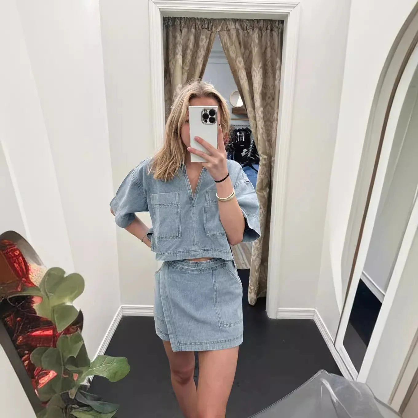 Summer Women Blue Denim Skirt Suit Loose 2 Piece Set Short Sleeve with Pocket Shirt and Irregular Skirt Female Street Out