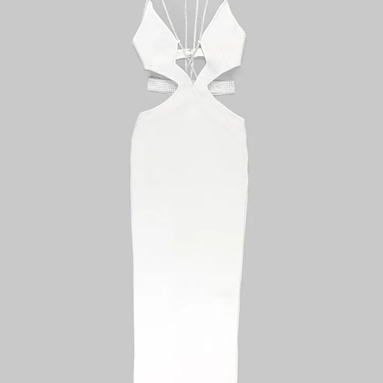 Women Luxury Sexy V Neck Cut Out Diamonds Crystal White Maxi Long Bandage Dress Celebrity Elegant Evening Party Club Dress