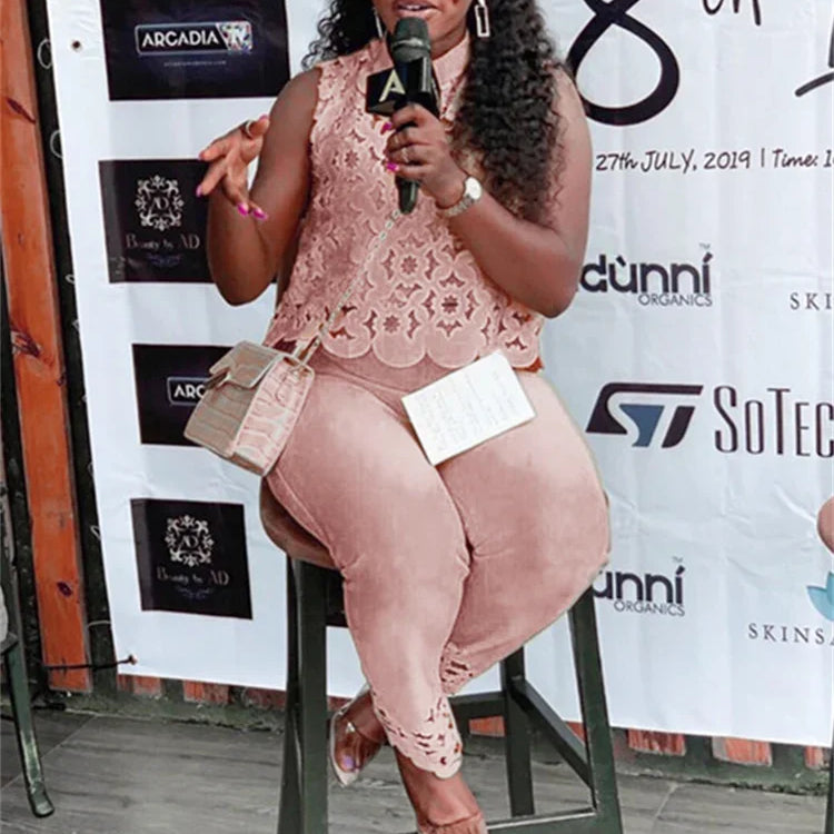 Wmstar Women Two Piece Set Plus Size Summer Fashion Sleeveless Casual Outfits Solid Color Holiday Long Pants Office Streetwear