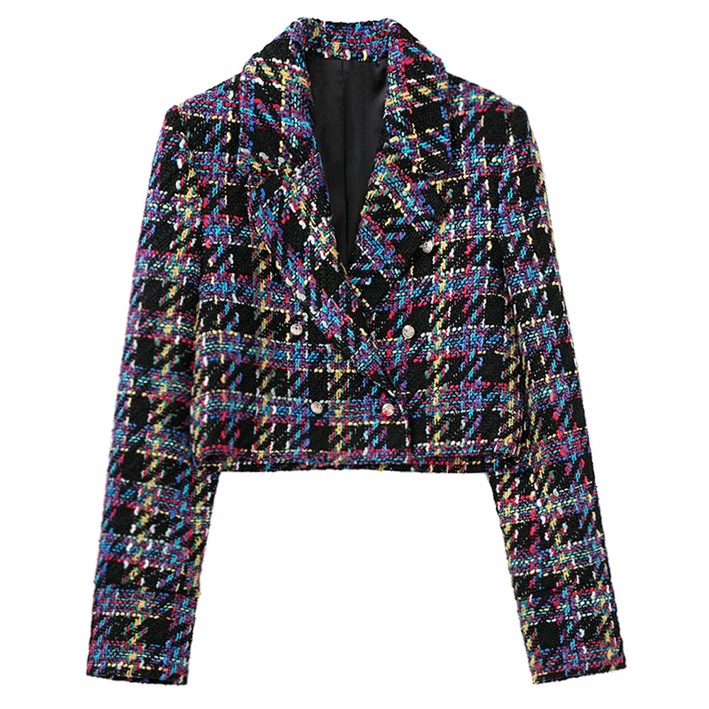 Women's jacket fashion double-breasted tweed cropped blazer vintage long sleeve female outerwear chic veste femme picture color