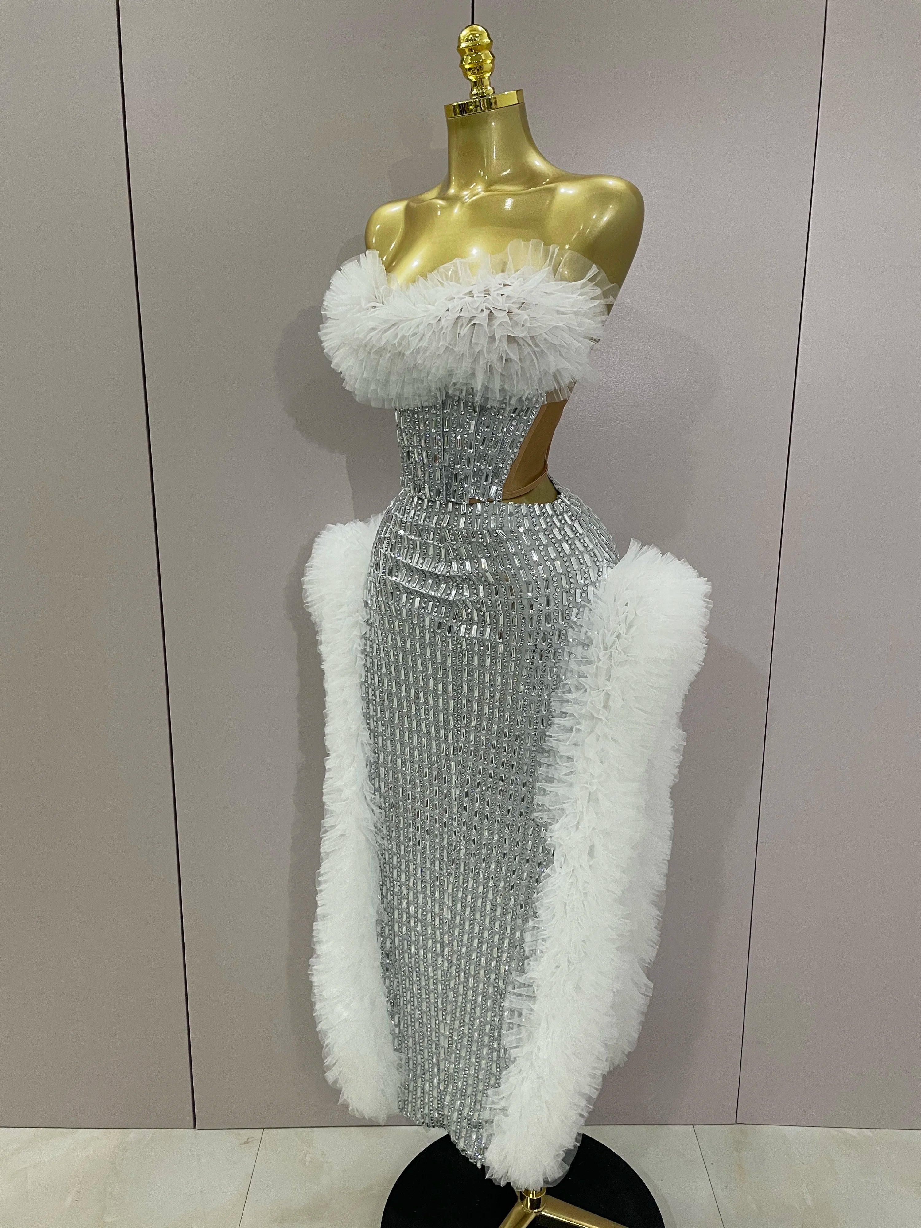 Sparkly Rhinestone Sexy Strapless Tops Skirt 2 PCS Set 2025 Women Celebrate Evening Prom Birthday Dress Nightclub Stage Outfit