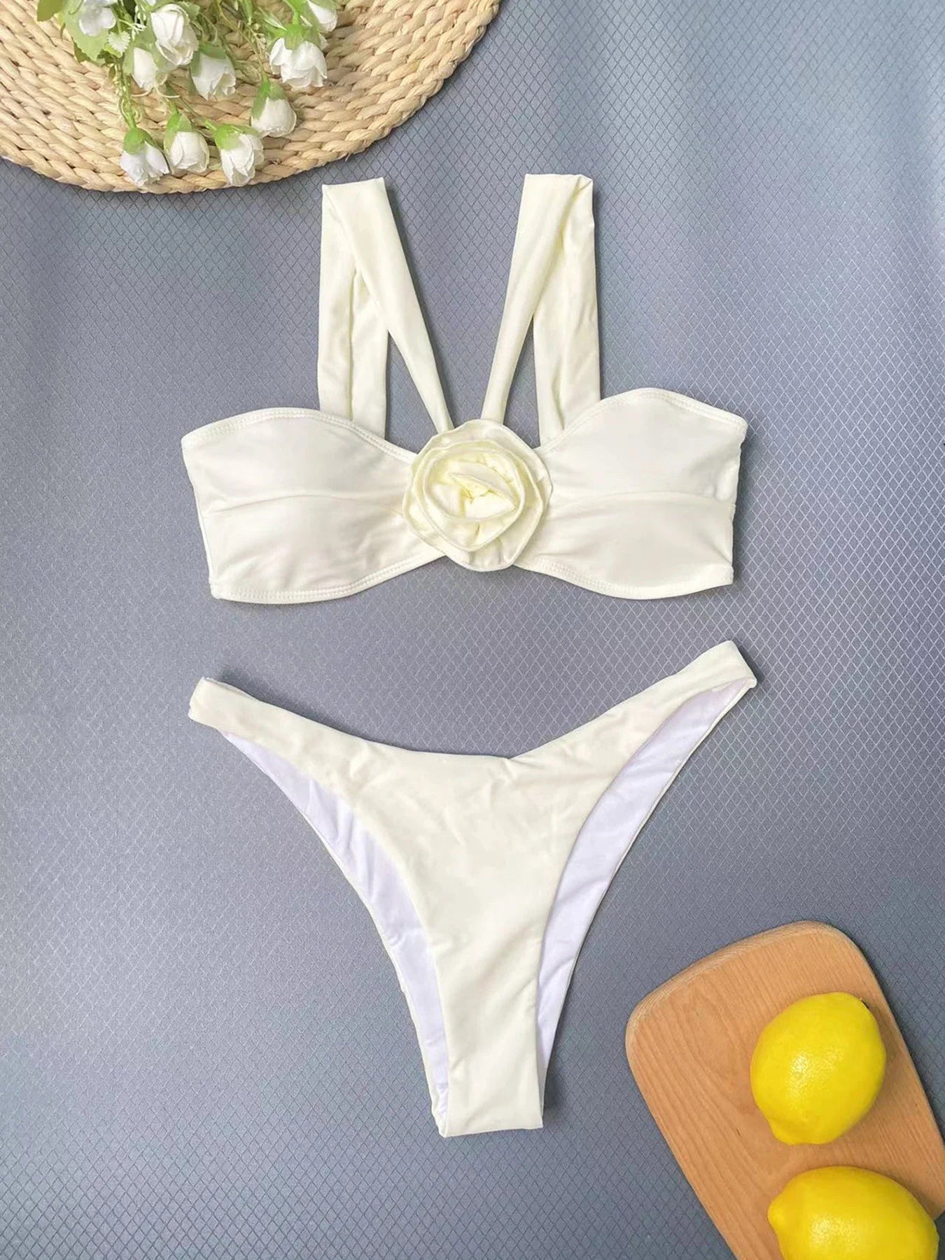 New Sexy Flower Bandeau Three Pieces Bikini Set Swimsuit For Women Bandeau Push Up Swimwear Female Bathing Suit Beach Skirt