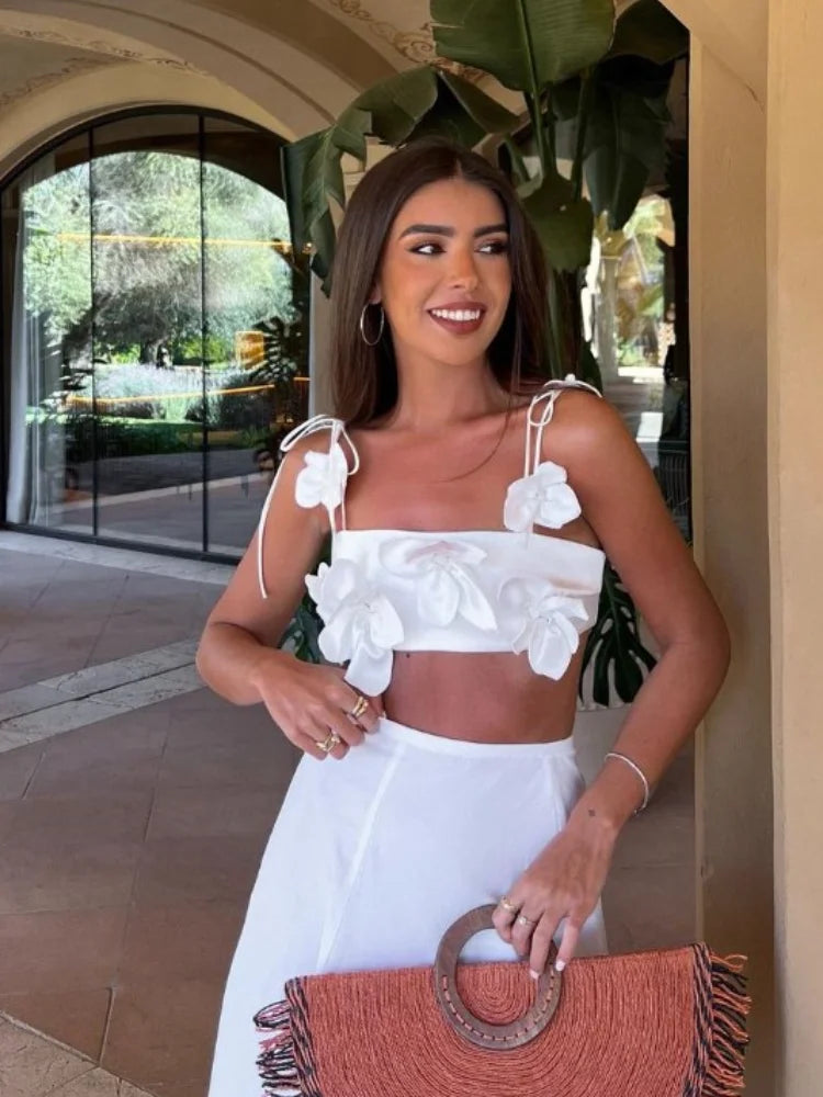 Summer Sexy 3d Flowers Sling Tank Tops Women Elegant Slim White Backless Crop Top New Chic Female Holiday Party Outfits