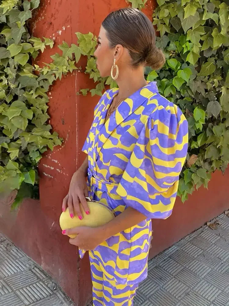 Wave Striped Print Blazer Pants Set For Women Loose Lapel Puff Short Sleeve Coat Suit New Elegant Female High Street Outfit