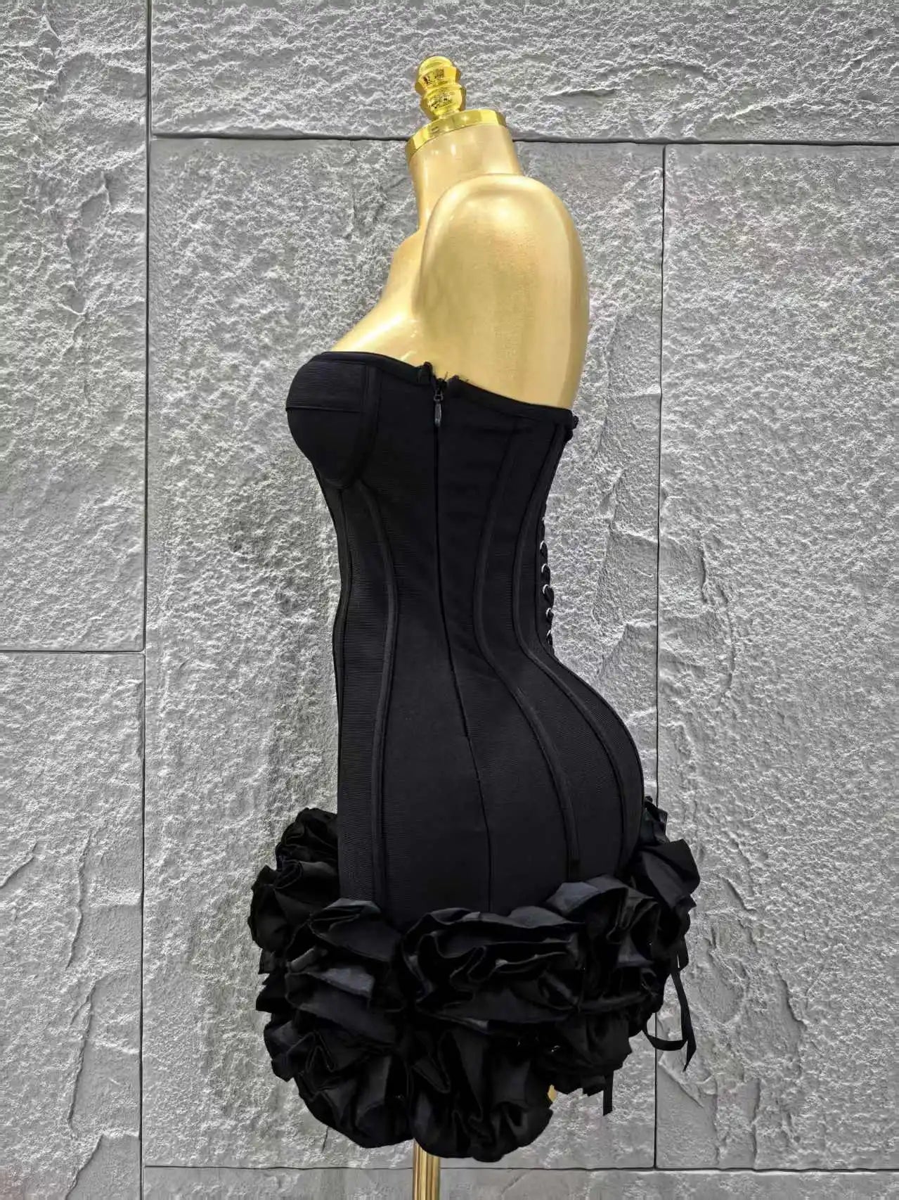 Black Color Women Sexy Strapless Florals Bodycon Mini Ball Gown Bandage Dress Celebrate Nightclub Party Bar Birthday Outfit