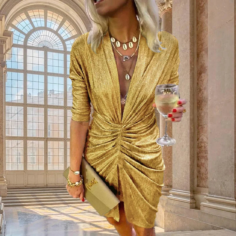 Elegant Bright Silk Long Sleeve Ruched Mini Dress Women Sexy Deep V Slit Night Club Party Evening Dress Female Autumn Vestidos