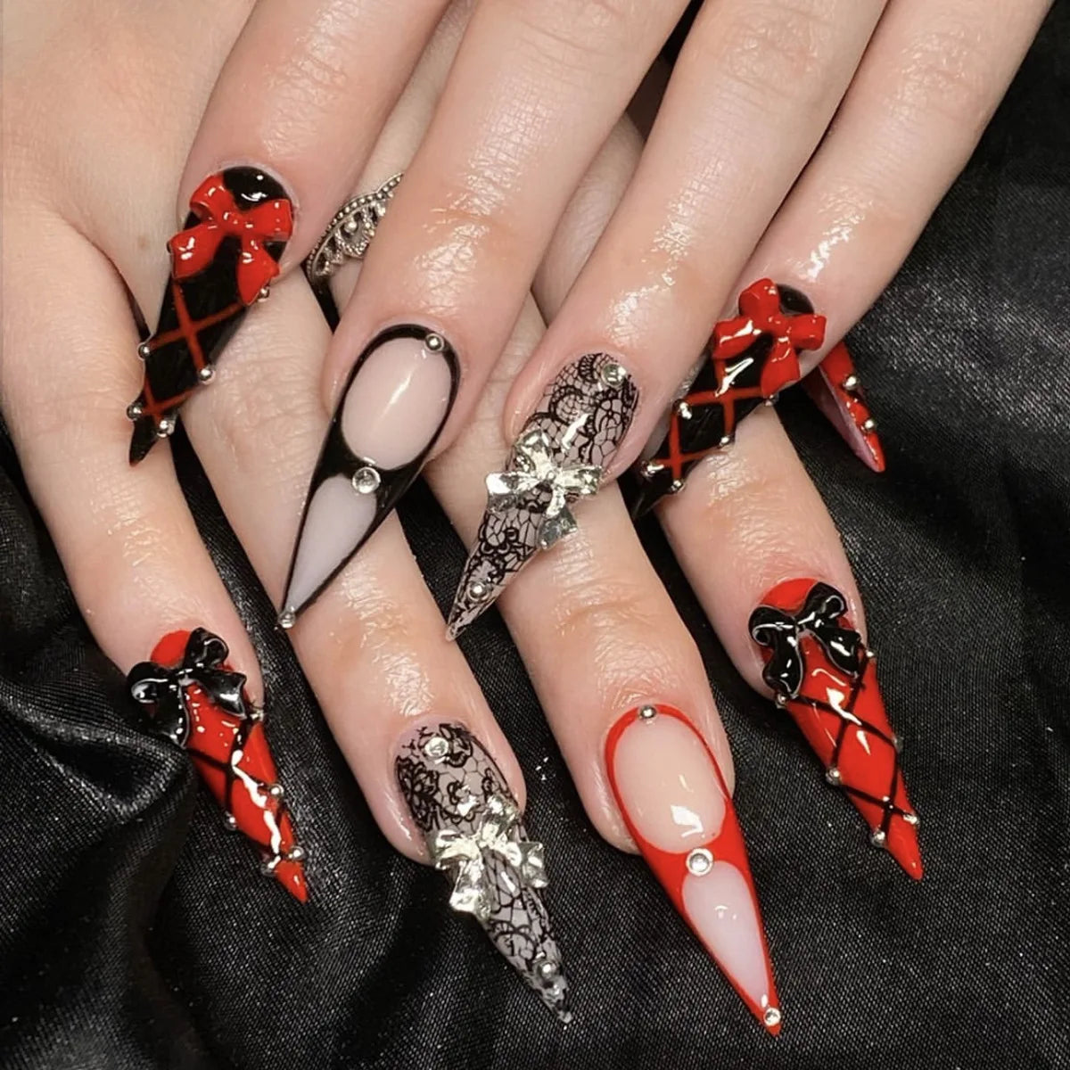 24 peças unhas postiças com cola amêndoa preto vermelho gradiente design destacável strass acrílico unha postiça longa stiletto unhas de pressão