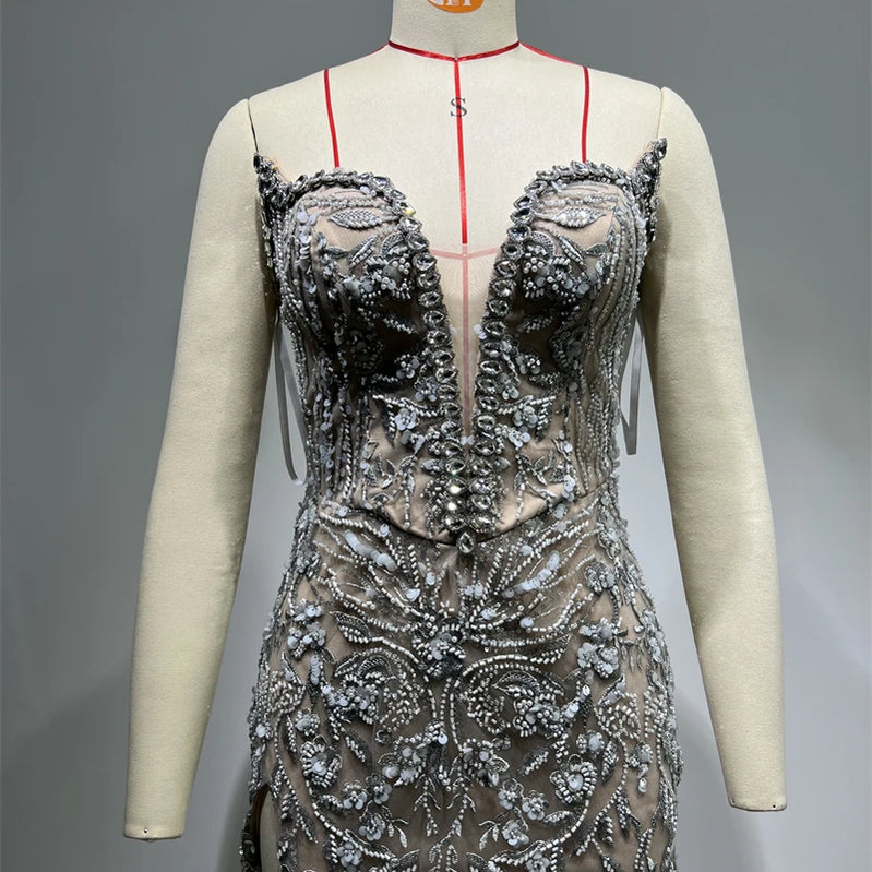 Luxury Diamonds Beading Sexy High Slit V-Neck Strapless Ankle Length Dress Goddess Dress Celebrity Evening Party Outfit