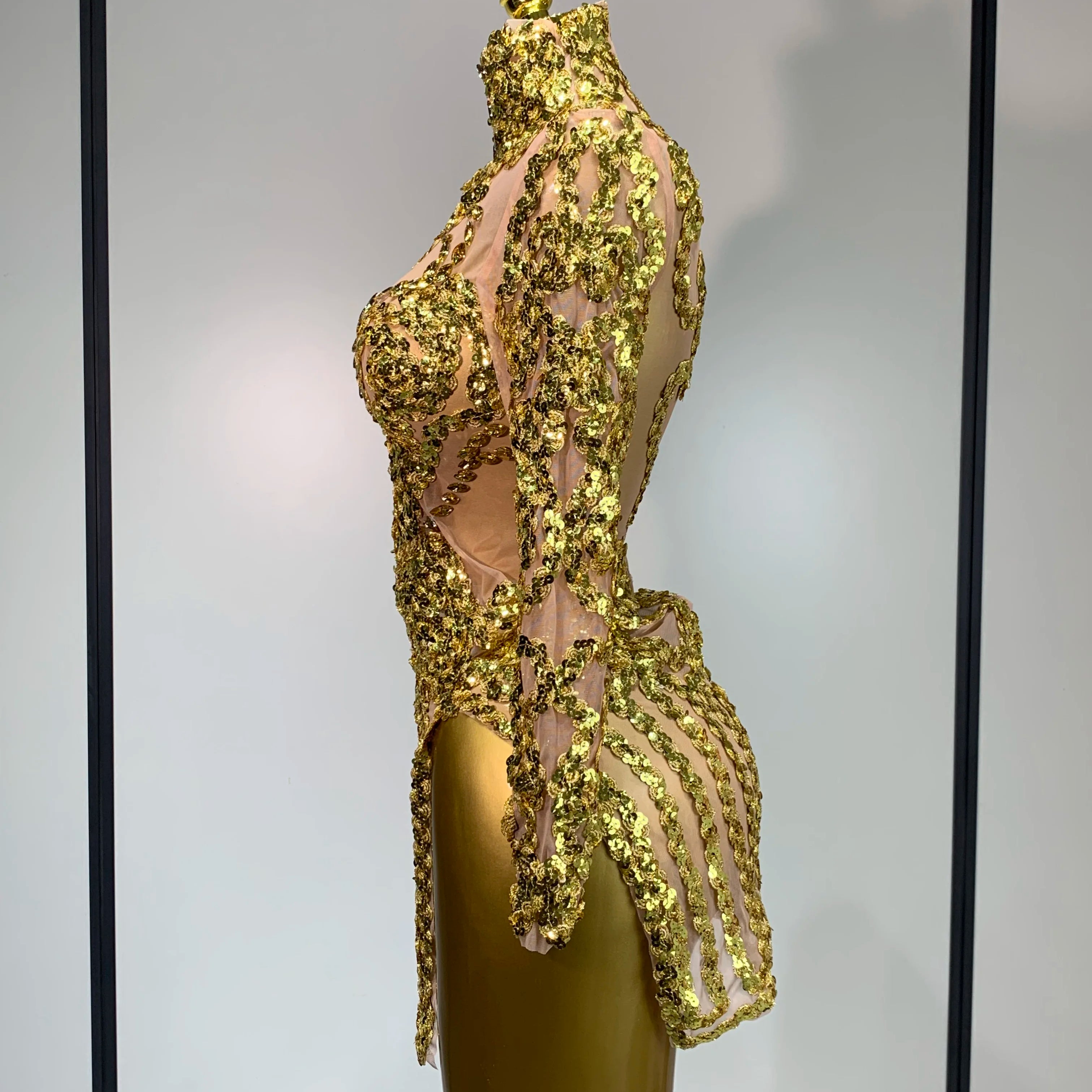 Women Long Sleeve Sexy Shinning Sequins Bodycon Mini Dress Mesh See Through Celebrate Birthday Evening Party Club Stage Outfit