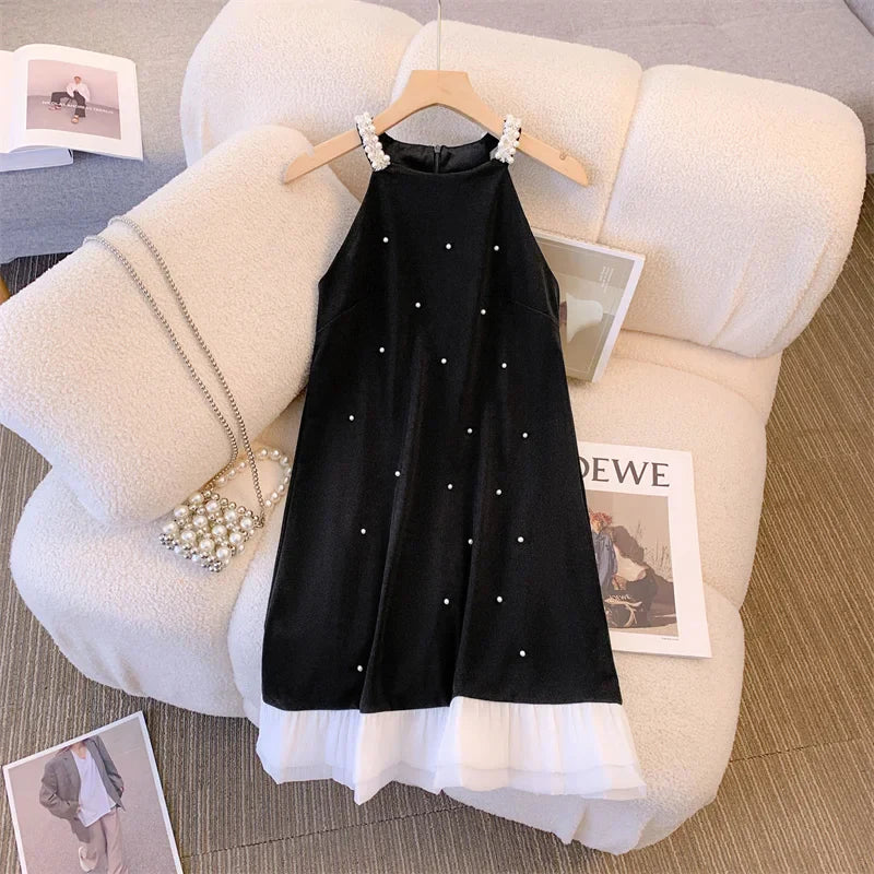 Women Sexy Casual Sleeveless Round Neck Patchwork Dresses Summer Luxury Loose Fit High Waist Dot Print Camisole Dress black