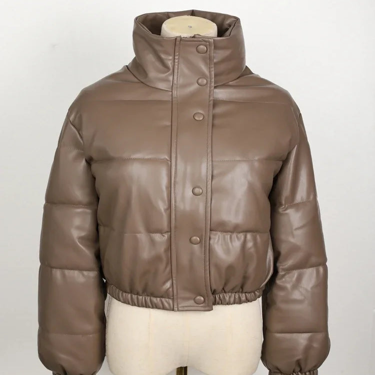 Winter Parka Coat Women's Jacket Thick Warm Women Fashion Black PU Leather Coats Women Elegant Zipper Faux Leather Jackets Tops Coffee