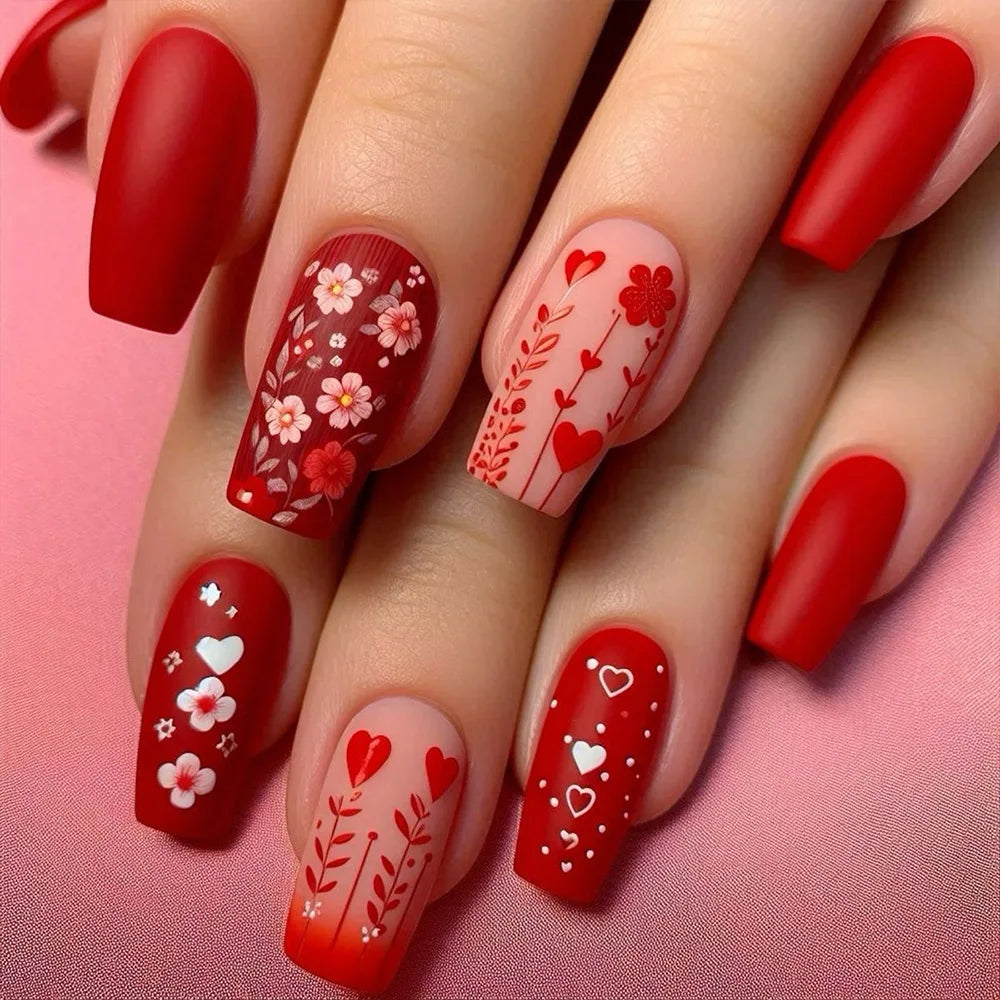 24pcs/set Medium long square fake nails for women girls cute heart flowers feather butterfly design press on false nail art tips