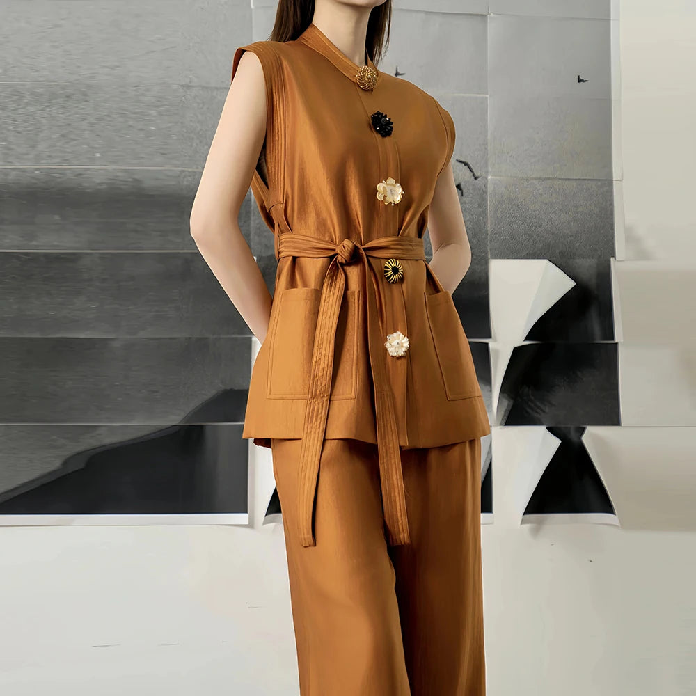 TWOTWINSTYLE Fashion Two Piece Sets for Women Round Neck Sleeveless Spliced Irregular Button Top High Waist Pant Set Female New