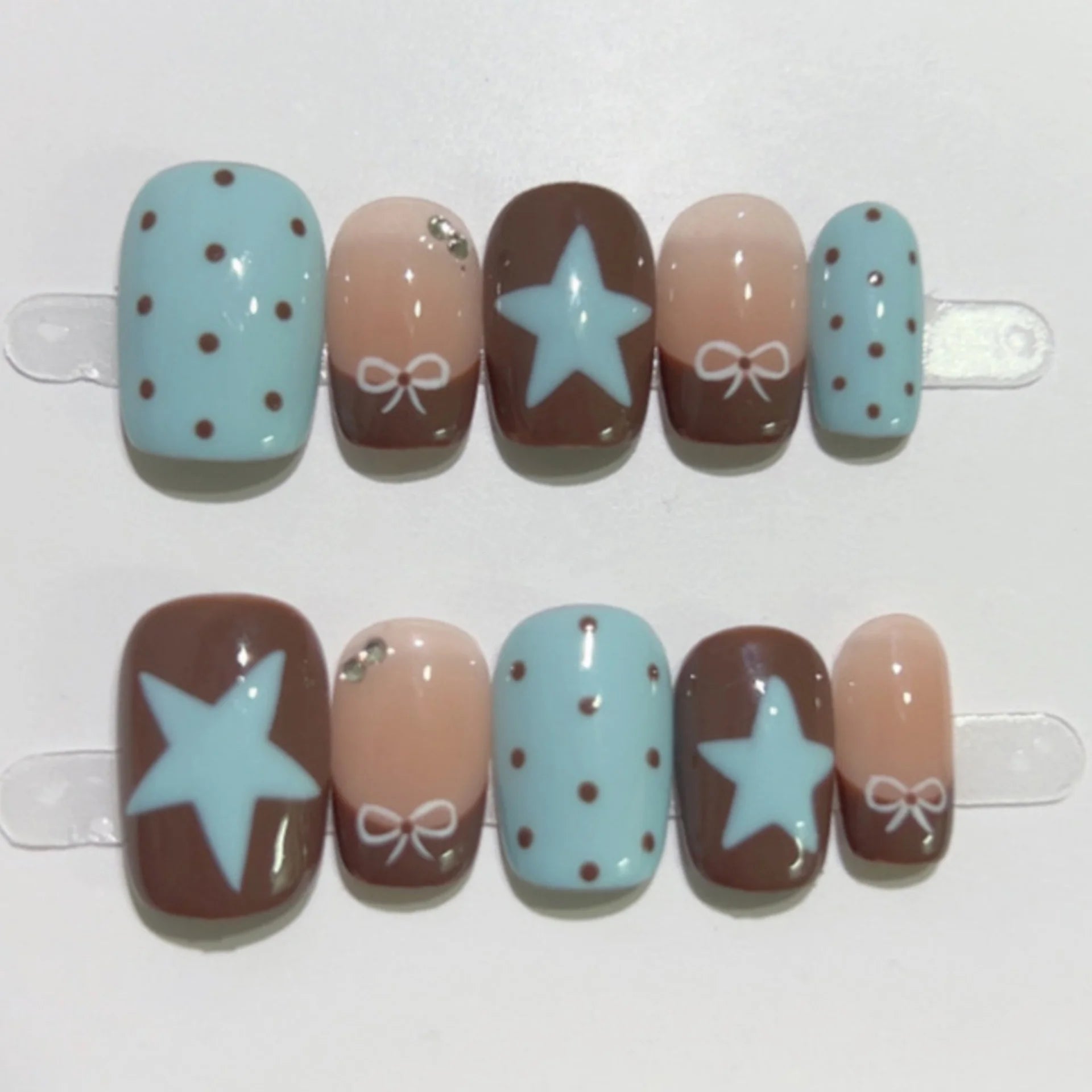 10pcs Simple Short Square Round False Nails Art Star Stripes Design Handmade Press on Nails Tips Blue Glitter Fake Nail Finished