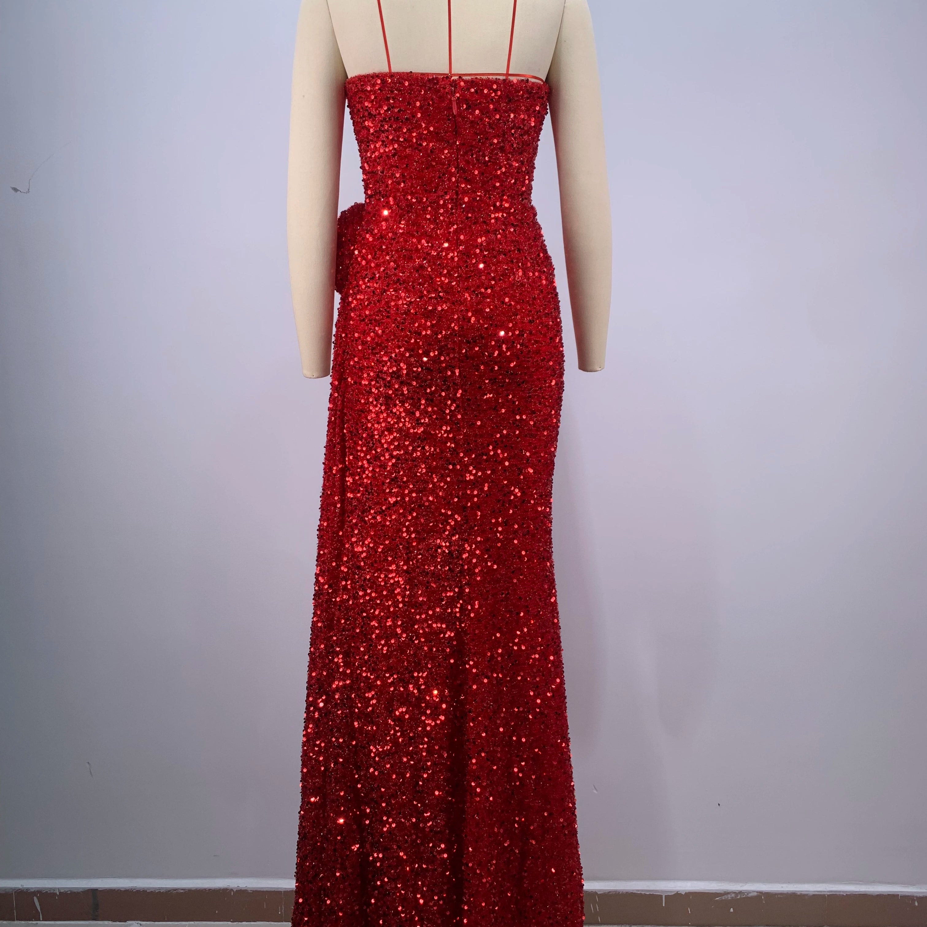 2024 New Arrival Red Color Women Sexy Strapless Shinning Sequins Floor-lenght Dress Wedding Party Celebrate Prom Dress Vestido