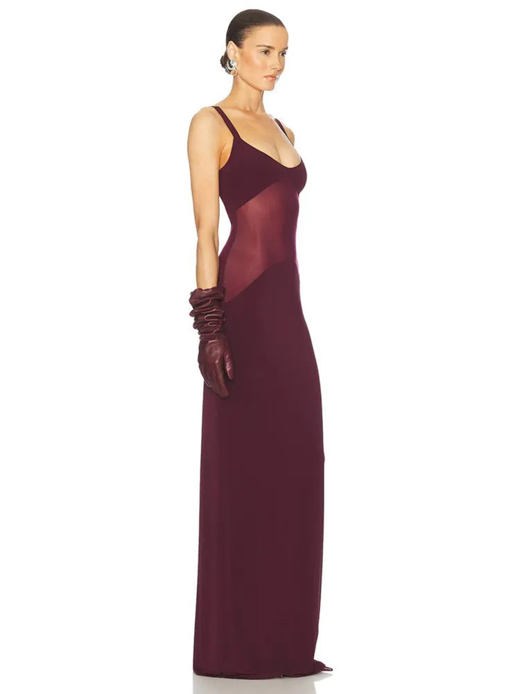 Luxury Women Celebrity Sexy Sleeveless Mesh Burgundy Maxi Long Gowns Dress 2025 Elegant Evening Party Club Vestido