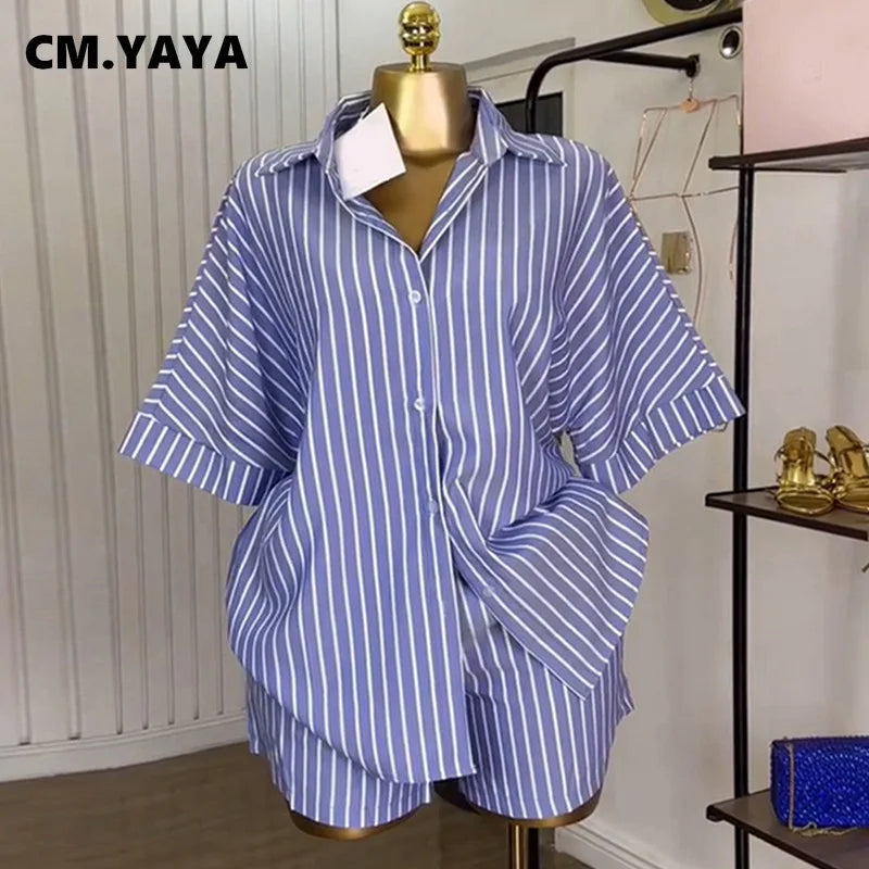 CM.YAYA Fashion Striped Women's Set Half Sleeve Turn-down T-shirt and Shorts 2025 Summer Chic Two 2 Piece Sets Outfit Tracksuit