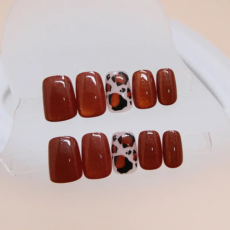 24-Piece Orange Cat Eye Press-On Nails with Short Square Full Cover and Leopard Design - Trendy Fake Nails for Women & Girls