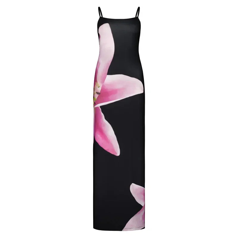 Tossy Spaghetti Strap Lily Floral Slip Dress Summer Casual Printed Maxi Dresses Backless Bodycon Slim Boho Long Sundress Lily Floral