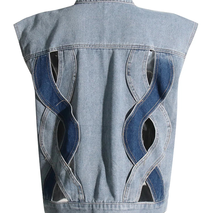 Colorblock Hollow Out Casual Denim Waistcoats For Women Lapel Sleeveless Spliced Single Breasted Streetwear Waistcoat Female