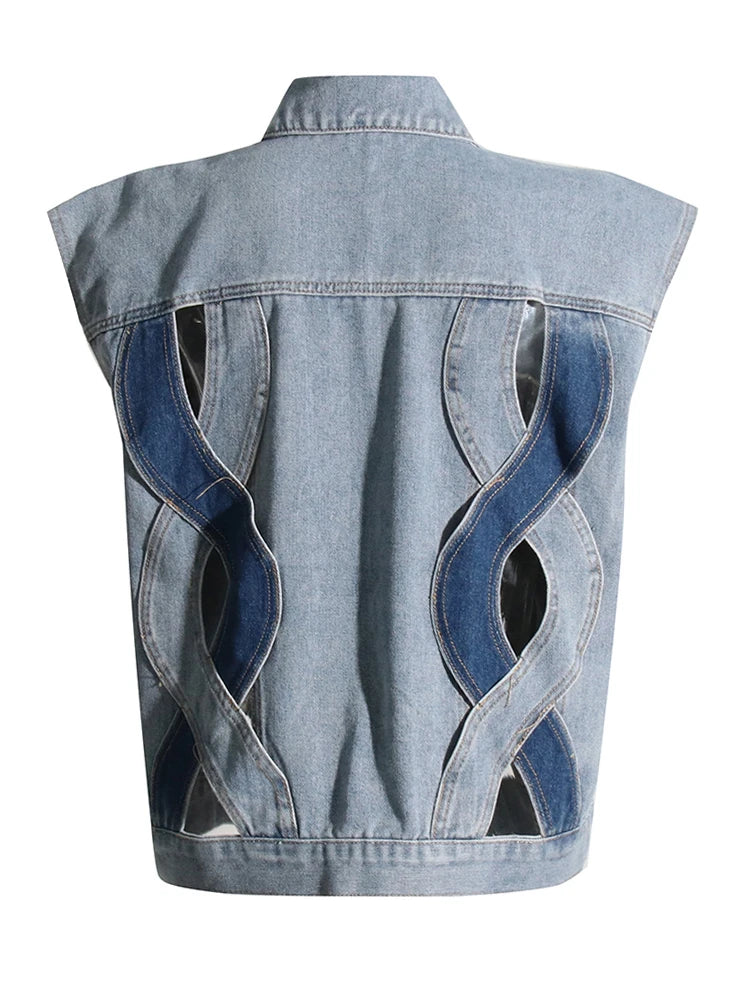 Colorblock Hollow Out Casual Denim Waistcoats For Women Lapel Sleeveless Spliced Single Breasted Streetwear Waistcoat Female
