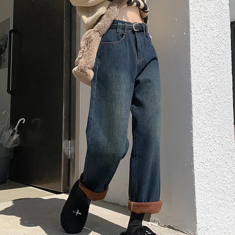 S-XL 2Colors Winter women long Straight wide leg denim pants Thick Warm High waist Denim jeans Trousers for womens+Belt