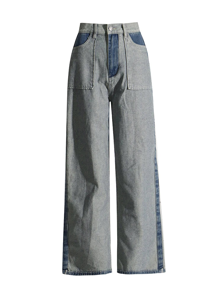 Patchwork Pockets Casual Denim Trousers For Women High Waist Spliced Button Hit Color Minimalist Loose Wide Leg Jeans Female
