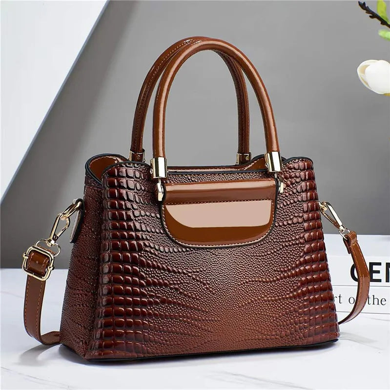 Women's Simple Crocodile Stripe Handbag Luxury Middle-aged Hand Bag Purse Fashion Shoulder Bag Designer Brand Bags женский Bolsa Earthy yellow