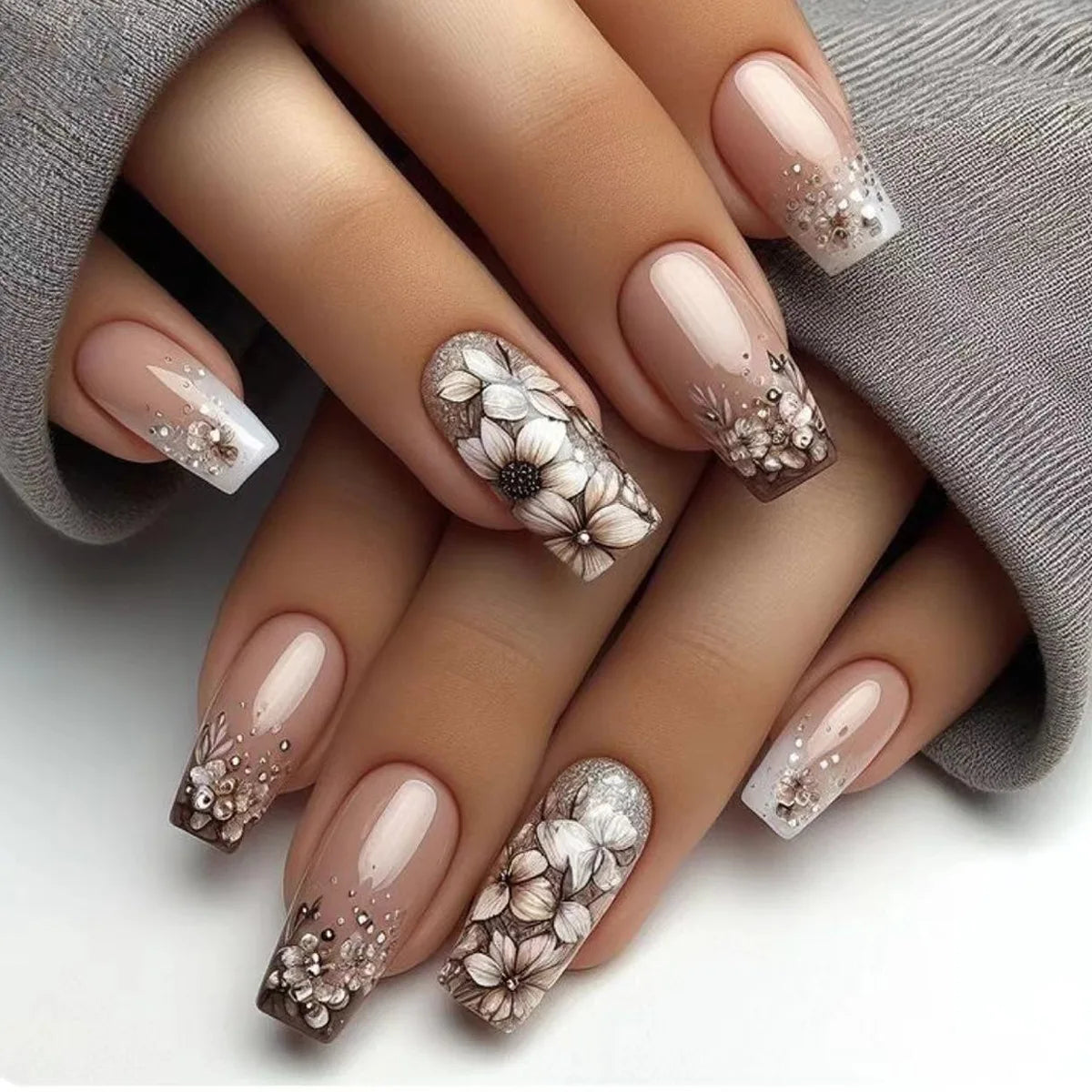 24Pcs Reusable Fake Nails Mid-length Ballet Press on False Nails with Flower Designs Fashion Pink Nails Set Detachable Nail Tips