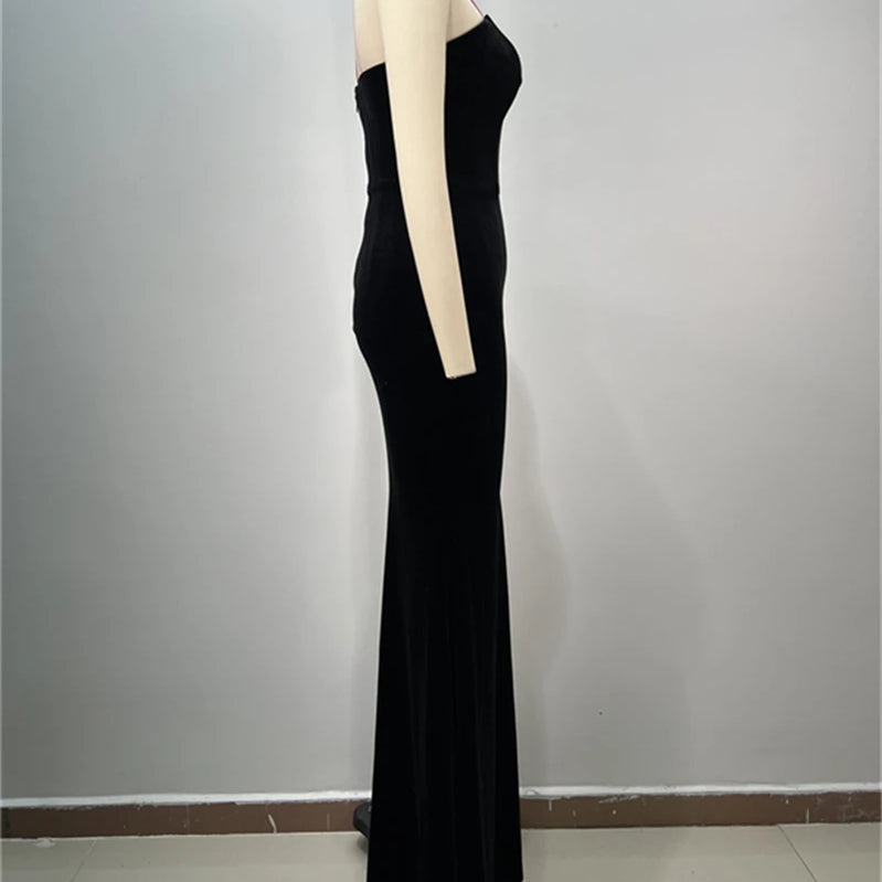 2025 Luxury Shining Diamonds Sexy High Slit Stapless black velvet Long Dress Elegant Woman Birthday Party Dress Goddess Vestido