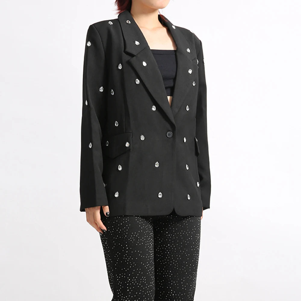 TWOTWINSTYLE Solid Loose Spliced Bead Elegant Jackets for Women Lapel Long Sleeves Patchwork Button Jacket Female Clothing New