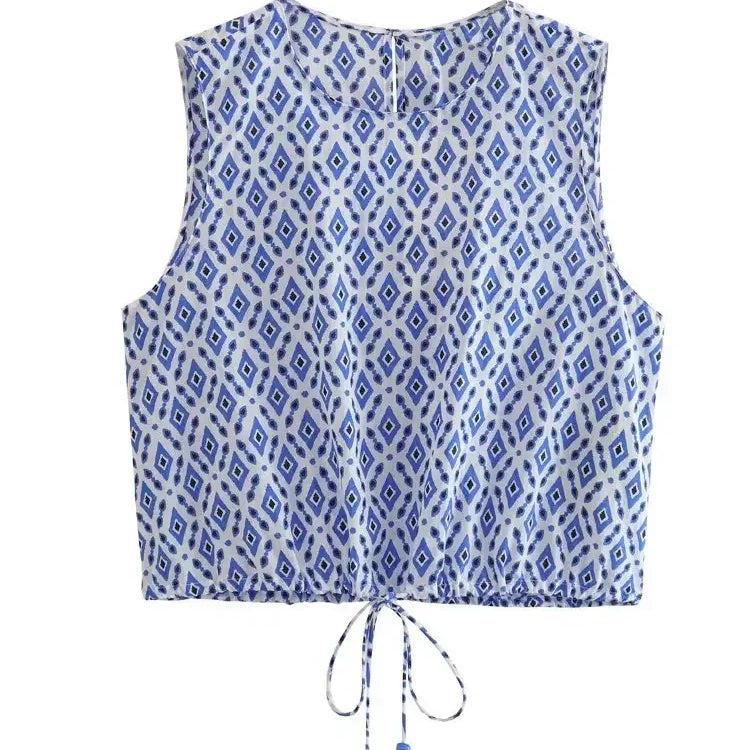 TRAF Women Plaid Print Tops Pants Sets Fashion Summer New Female O-Neck Sleeveless Drawstring Short Top+High Waist Long Trousers